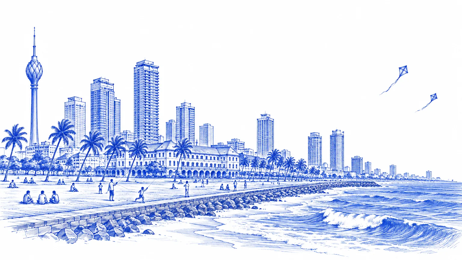 Drawing of Colombo from Galle Face Green: the Lotus Tower, high-rises, the Galle Face Hotel, palms, kite flyers and the ocean.