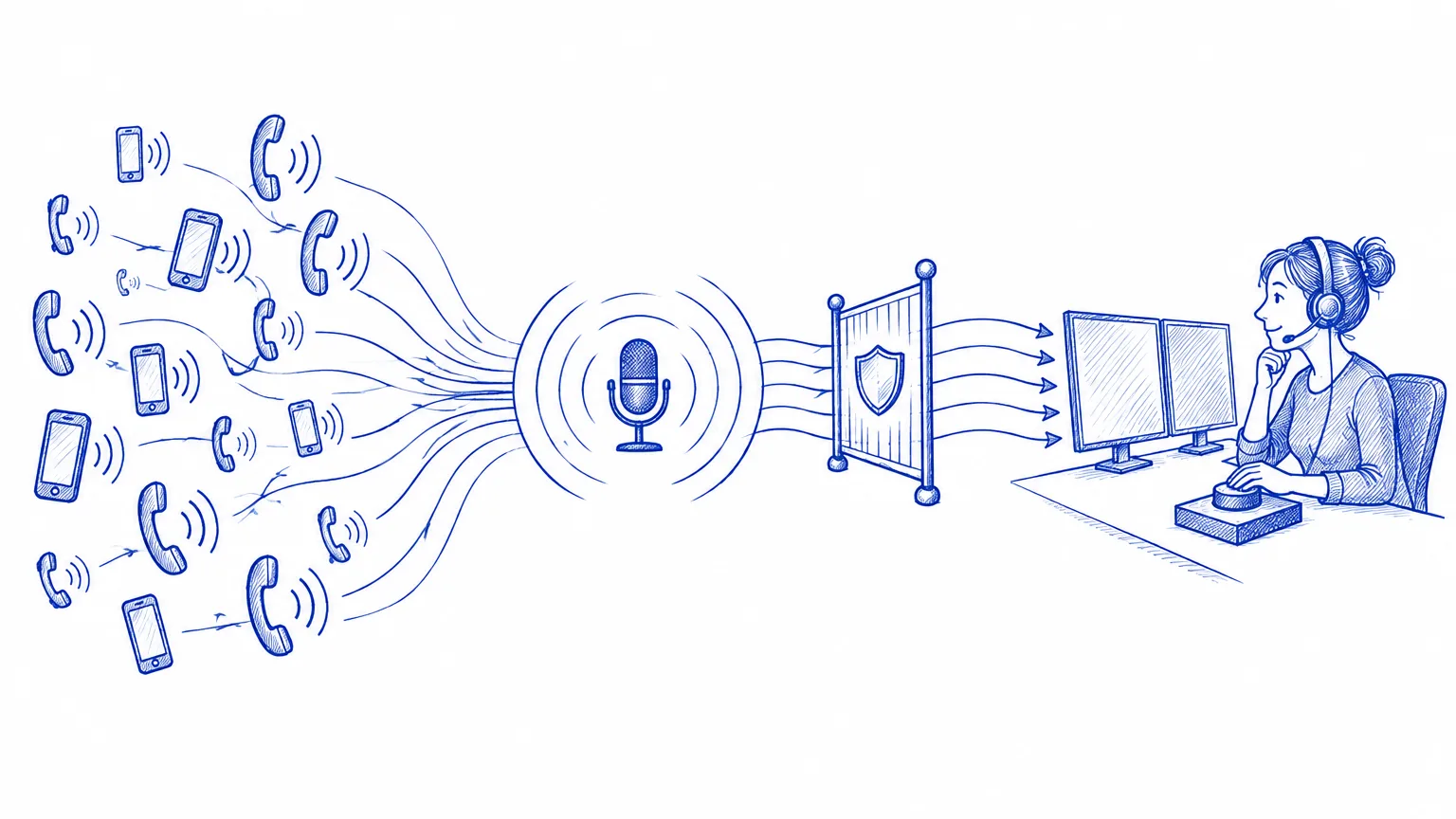 Biro drawing: hundreds of phone calls stream into a voice agent, pass a guardrail gate, and reach a supervisor with a hand on the switch.
