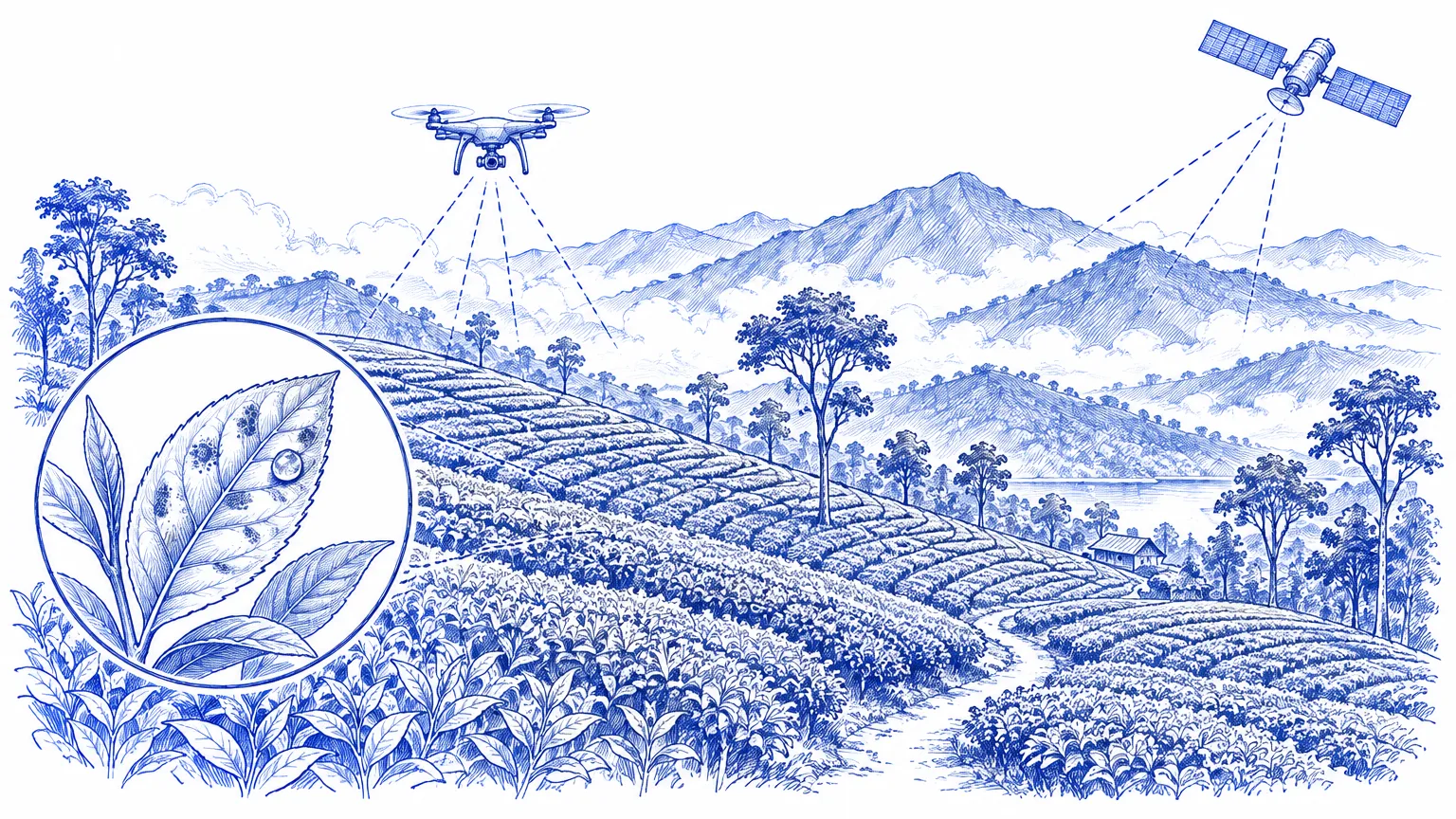 Biro drawing: Sri Lankan tea hills scanned by a drone and a satellite, with a magnified leaf showing disease spots and a water droplet.