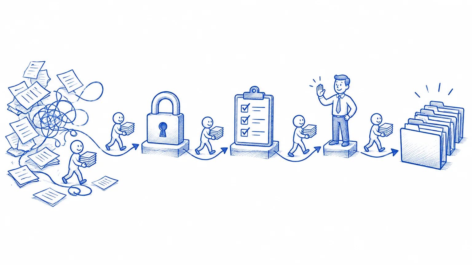 Biro drawing: scattered papers carried by small digital workers through a lock, a checklist and a human approver, ending as neat folders.
