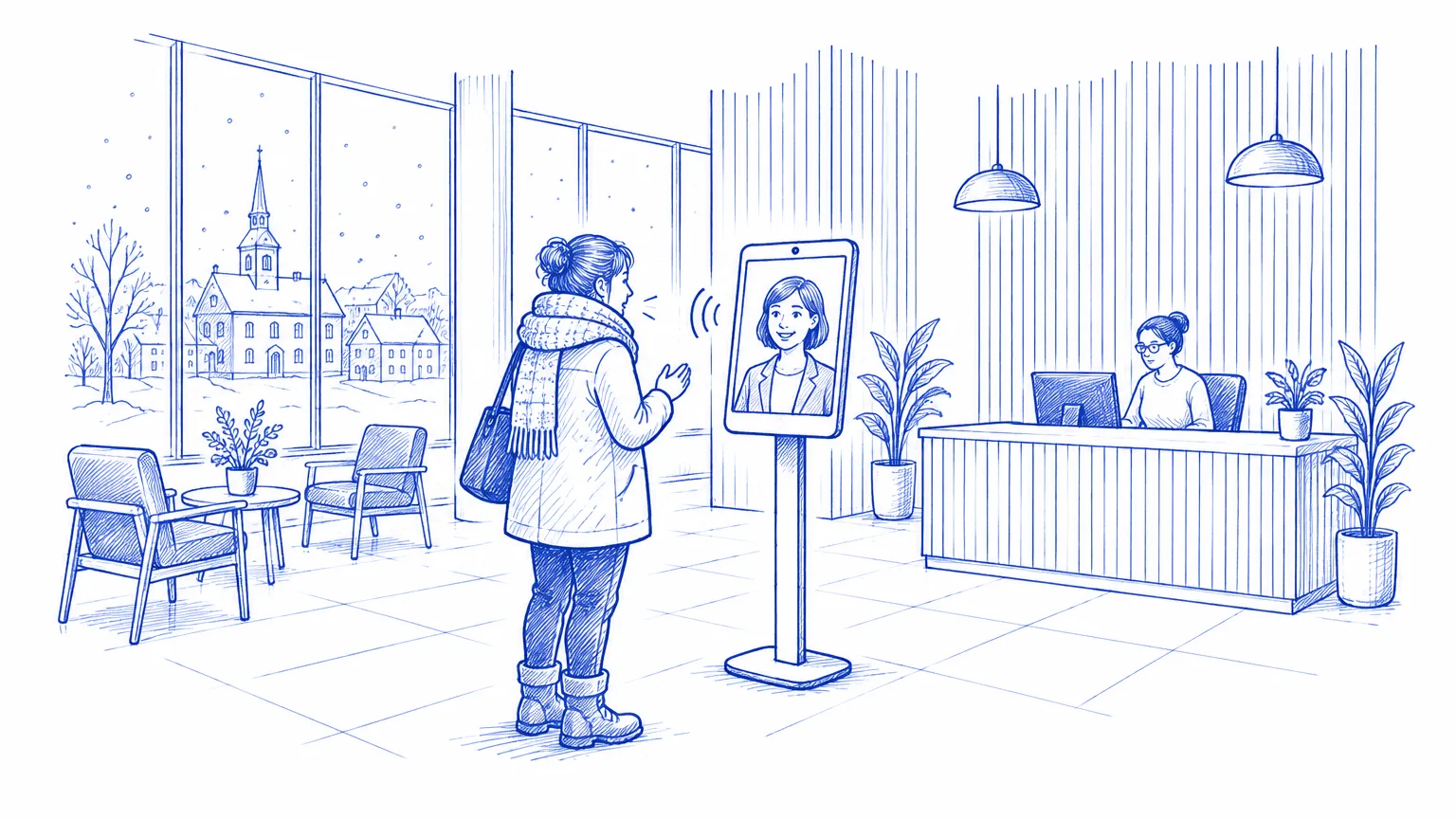 Biro drawing: a visitor in a winter coat talks to a digital human on a tablet kiosk in a Nordic town-hall lobby, snow outside.