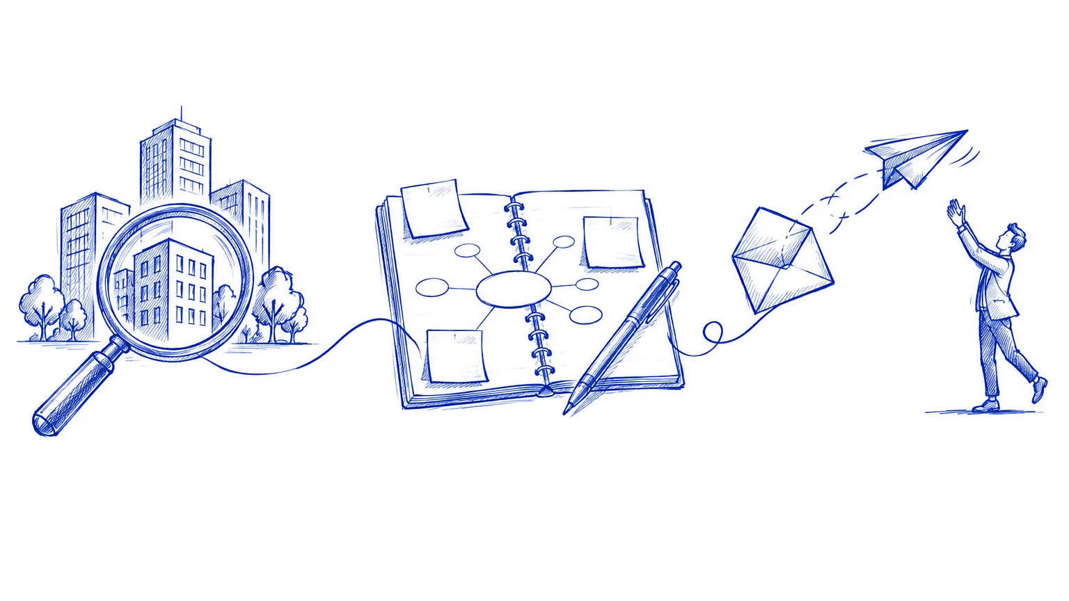 Biro drawing: a magnifying glass over office towers, a research notebook, then a letter folding into a paper plane caught by a buyer.