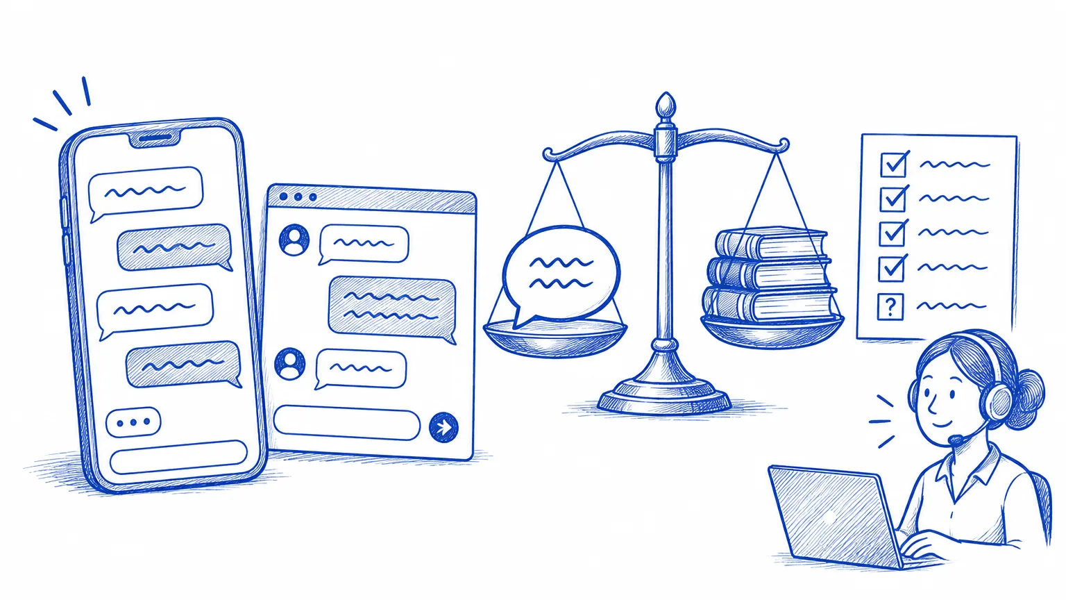 Biro drawing: a chat on a phone and a web widget, a balance weighing an answer against books, a five-row checklist, and a person ready to take over.